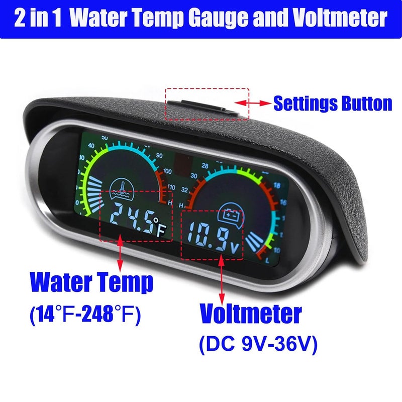 BLLYOGU Digital 2-in-1 Water Temperature & Voltage Gauge with 1/8 NPT Sensor and 28mm Adapter - Image 2